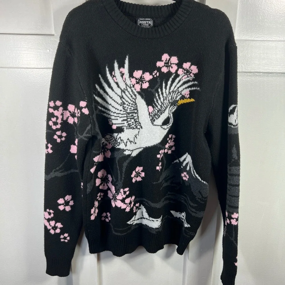 RGSTR Mens Large Black Crane Cherry Blossom Mount Fuji Graphic Knit Sweater